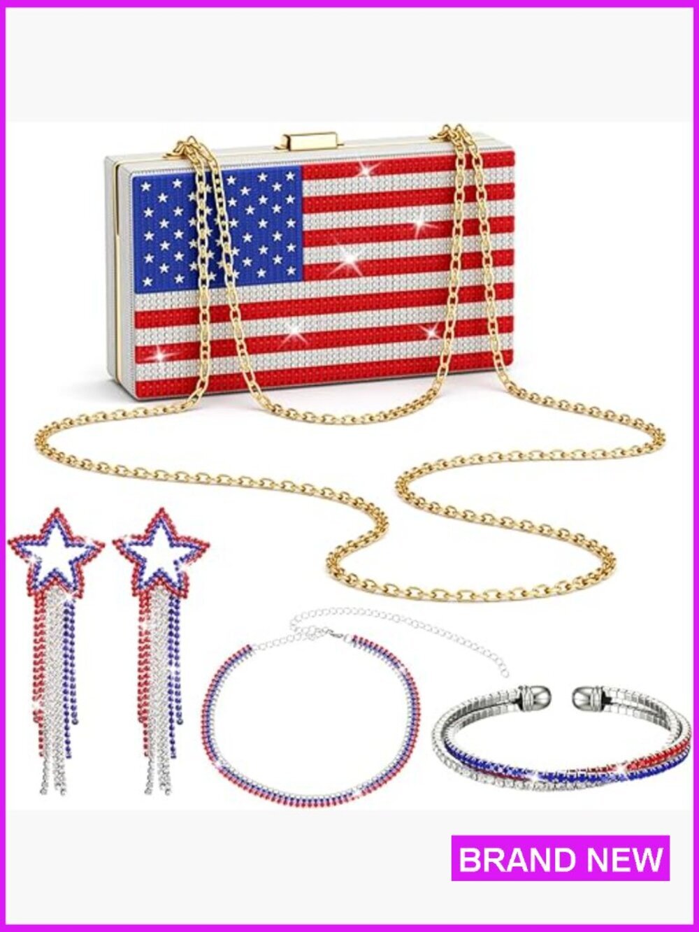 4-Piece Patriotic Jewelry Set with Chain Bag Necklace Earrings Bracelet